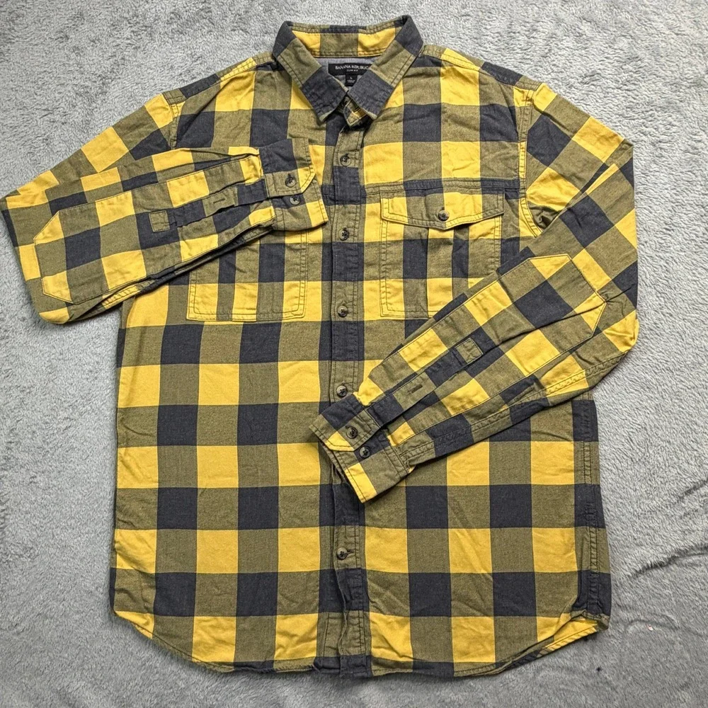 Banana Republic Mens Slim Fit Flannel Shirt Yellow Grey Buffalo Plaid Large EUC!
